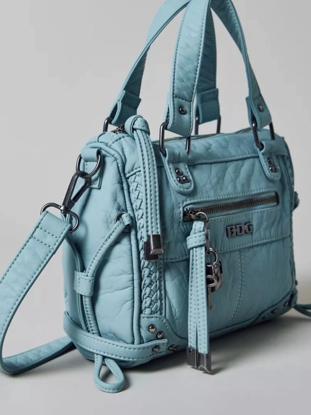 BDG Aqua Blue Quilted Satchel with Braided Trim